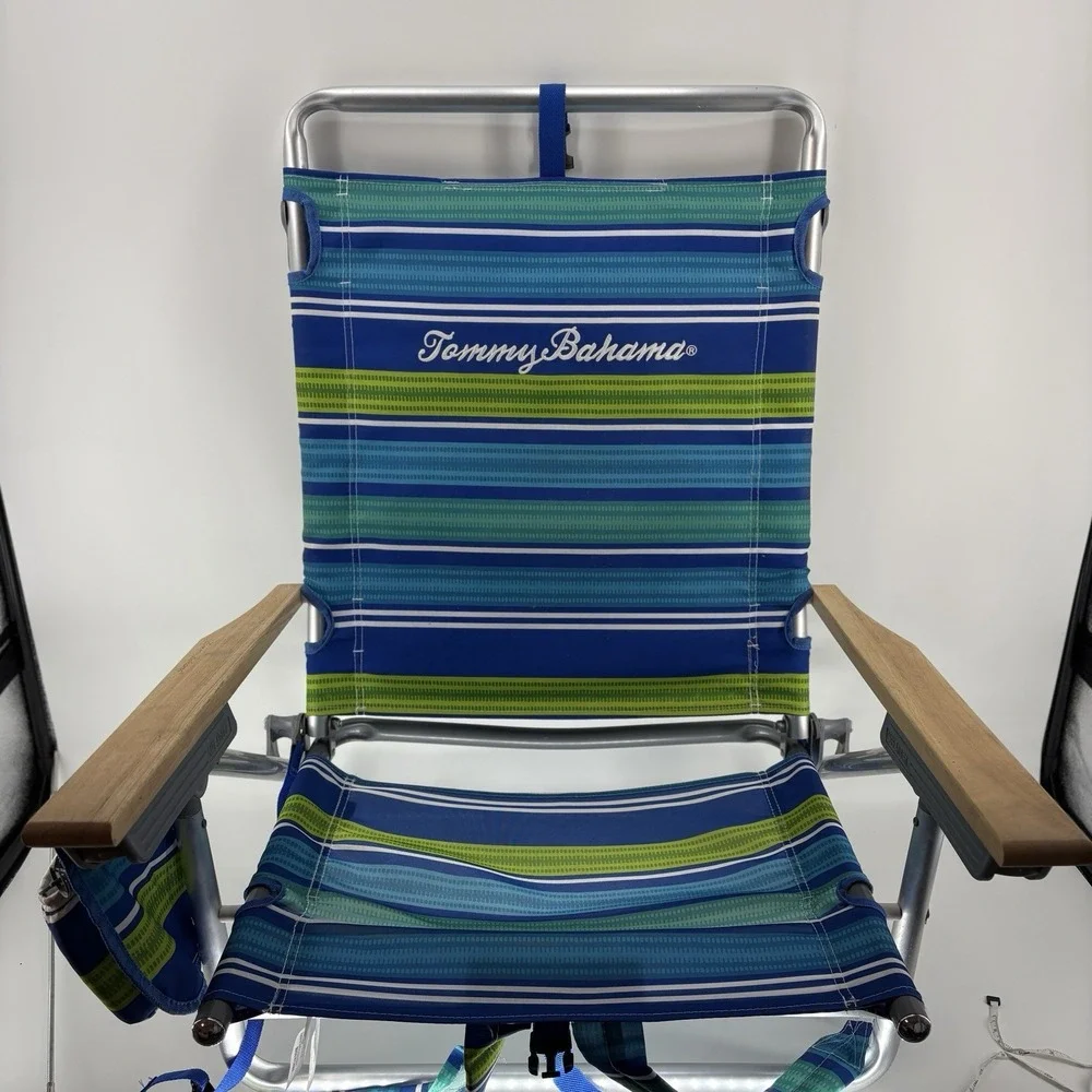 Tommy Bahama Deluxe Backpack Beach Chair Reclining Wood Arms Cooler Stripe
